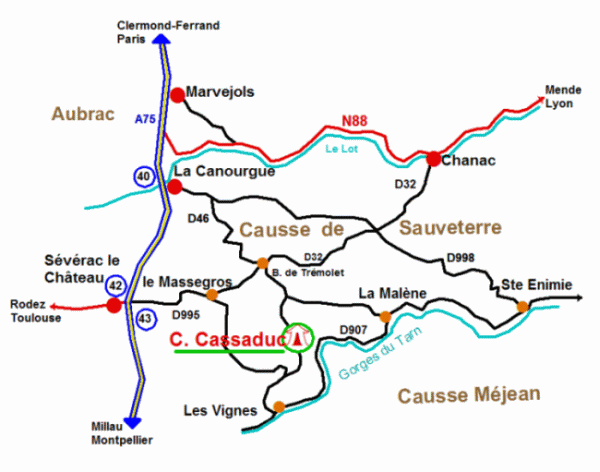 situation géographique du Camping Cassaduc, au sud-ouest de la Lozère